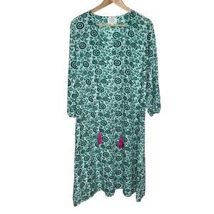 Pomegranate Womens Jade Floral Tassel Dress Medium Block Print Cotton Boho